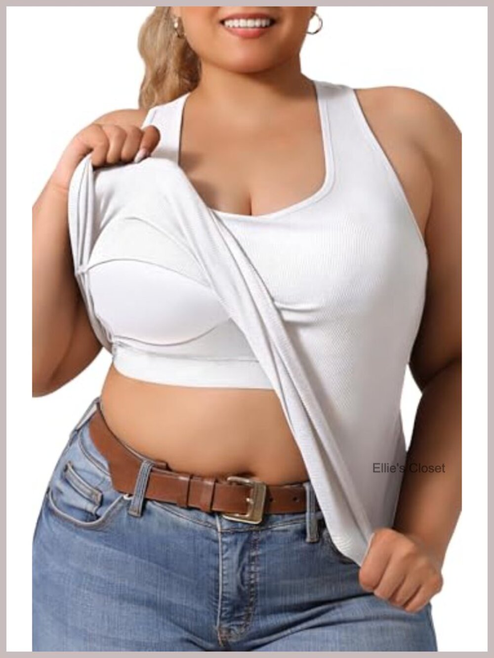 Plus Size Racerback Tank Top with Built-in Bra, Curved Hem, Polyester Blend